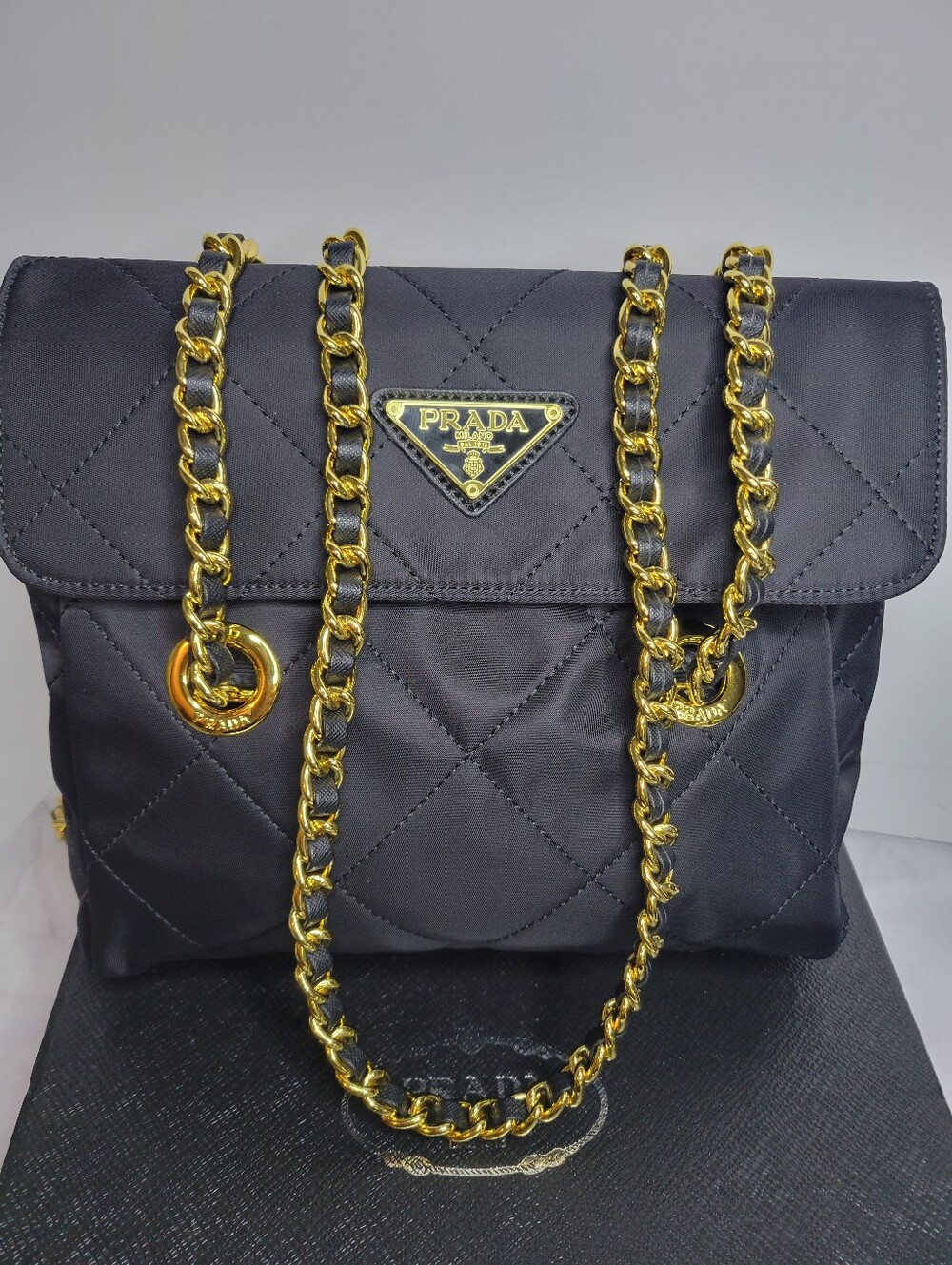 GWP Prada Black Quilted Tessuto Nylon Chain Bag 9"x8", New In Box - Picture 2 of 15